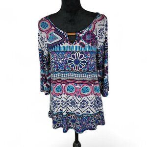 CORVIA Women's Bohemian Style Tunic Top Large Geometric Floral Tribal Flowy